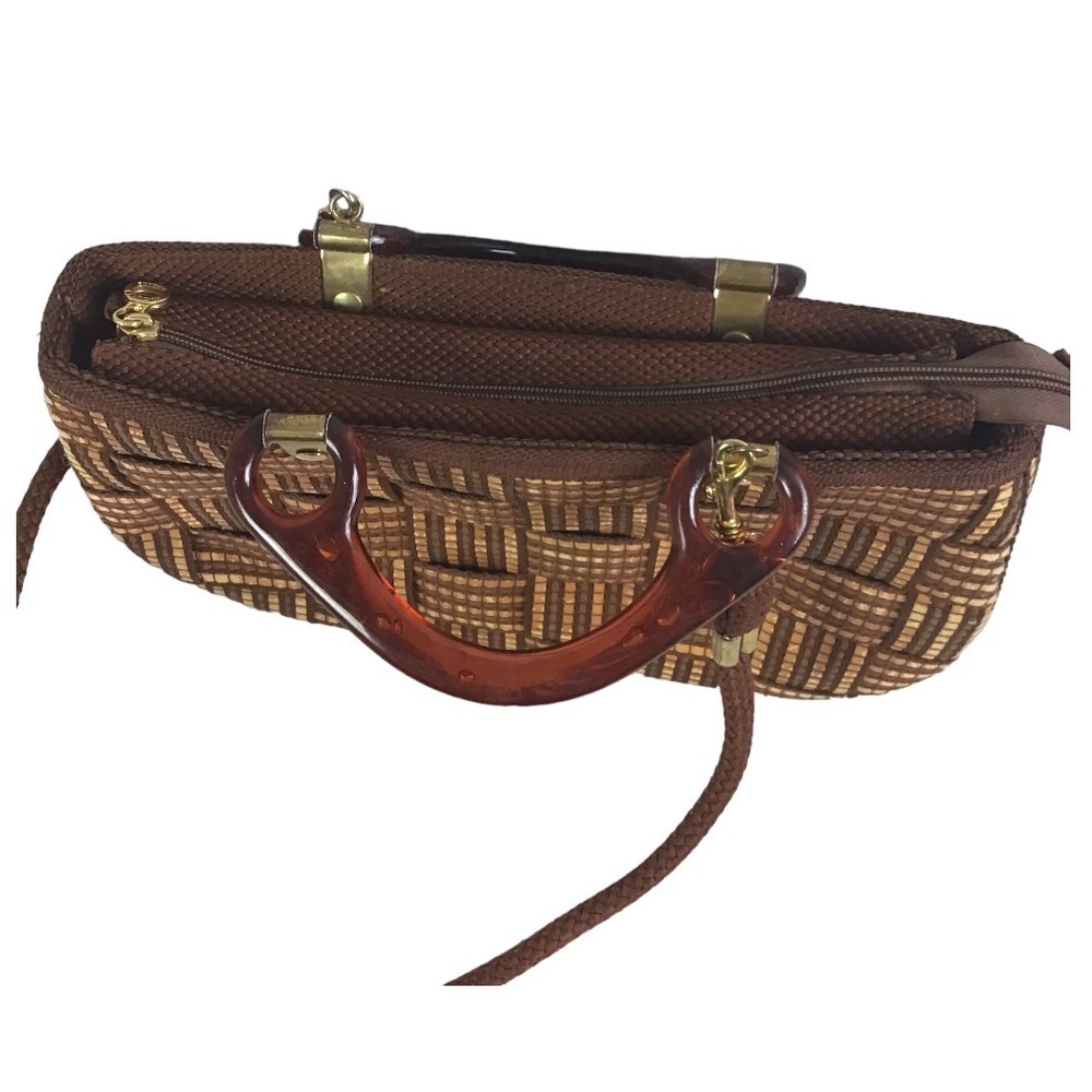 Vintage Brown Woven Crossbody Bag with Tortoiseshell Handle - Picture 4 of 12